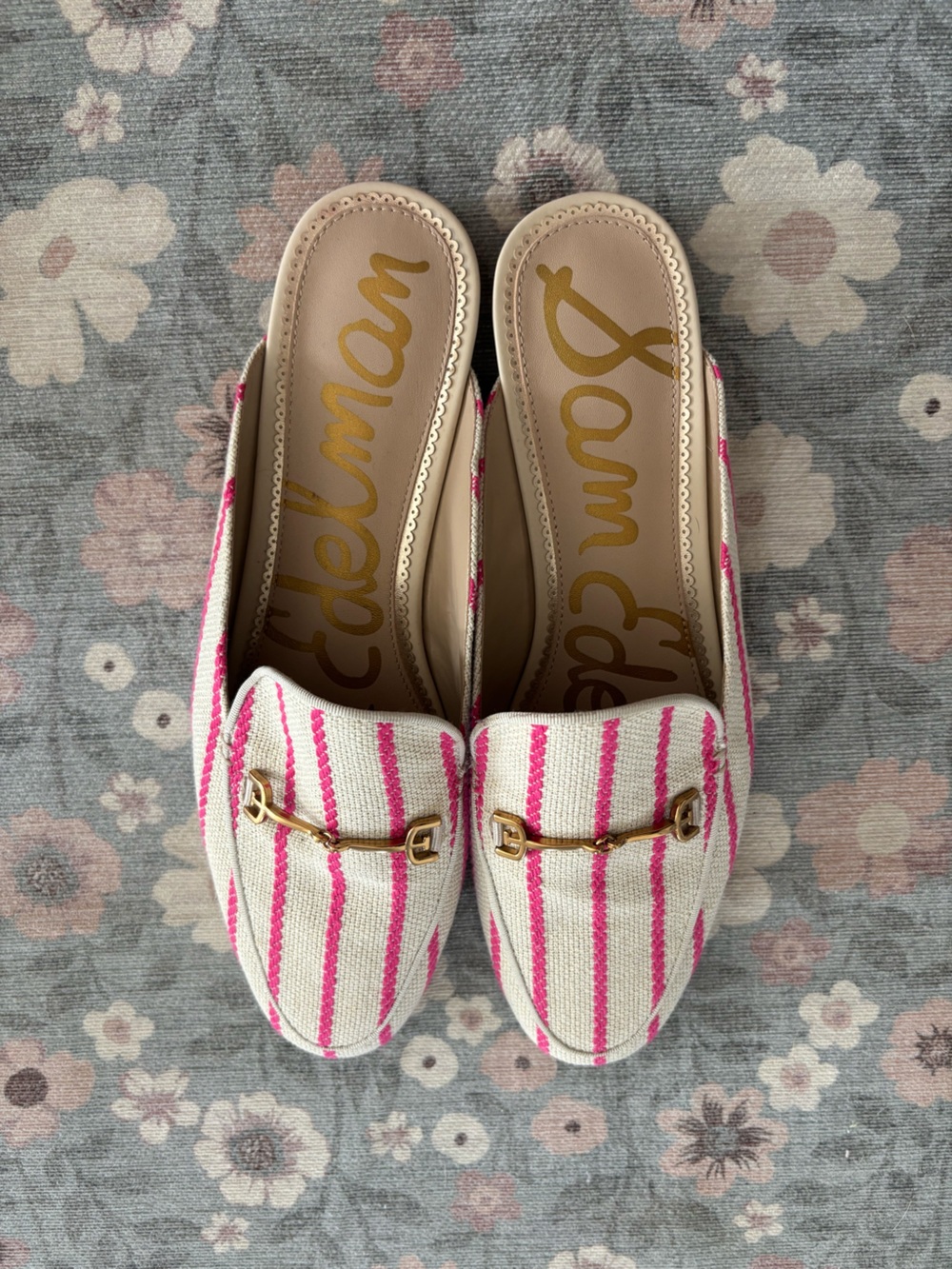 Sam Edelman Cream and Pink Striped Slip-On Loafers with Gold Bit